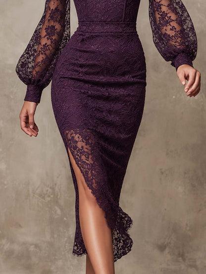 Elegant Square Neck Puff Sleeve Slit Lace Midi Dress