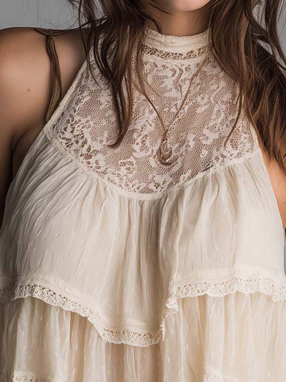 Boho Lace Halter Tiered Ruffle Sleeveless Tank Top