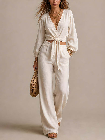 Vintage-style Cotton-linen Wrap-style Two-piece Set