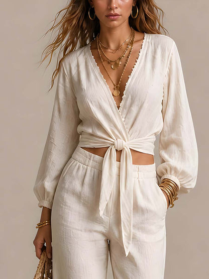 Vintage-style Cotton-linen Wrap-style Two-piece Set