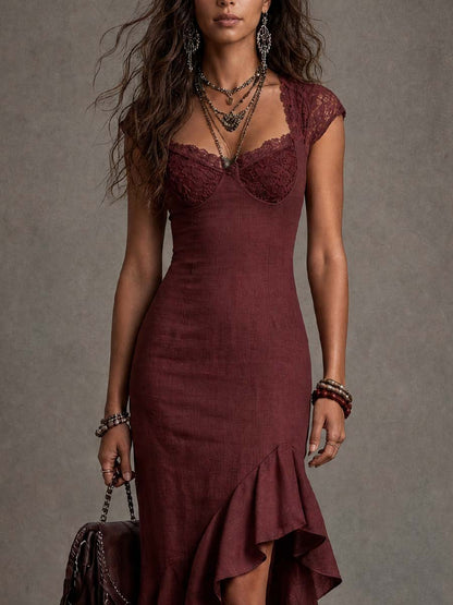 Vintage Cap Sleeves Cotton-linen Midi Dress