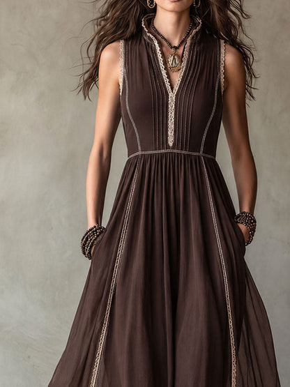 Boho Western Chocolate Brown Maxi Dress With Lace Trim