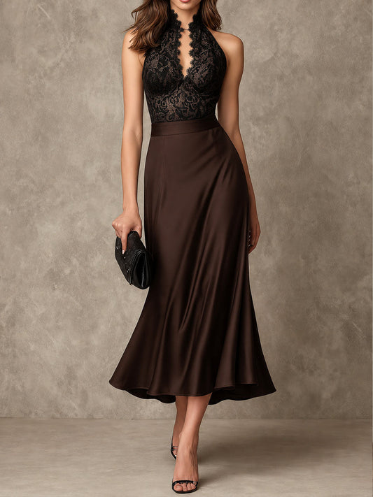 Retro Elegant Chocolate Brown Satin & Lace Halter Midi Dress