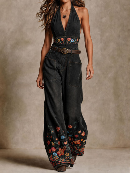 Boho Black Denim Halter Floral Embroidered Wide-Leg Jumpsuit