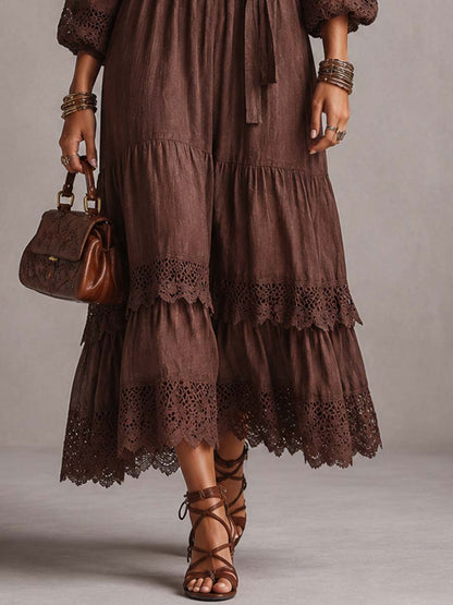 Vintage Puff-sleeve Lace Trim Cotton-linen Midi Dress