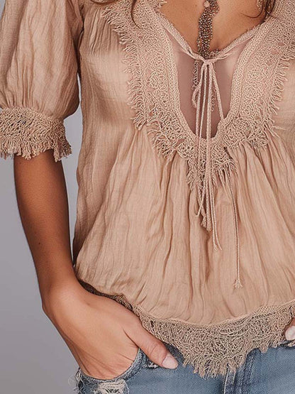 Boho Lace Trim Tencel-linen Puff Short Sleeve Peplum Blouse