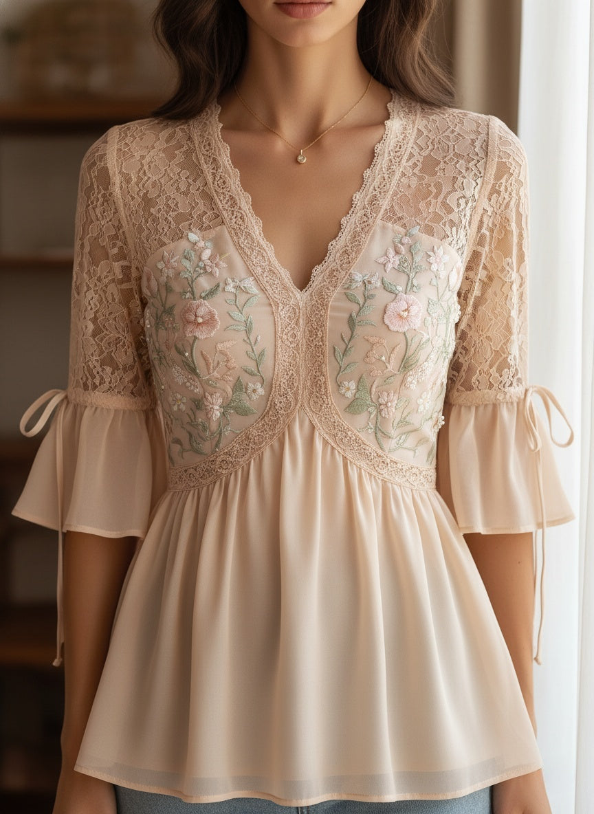 Elegant Floral Embroidered Lace Blouse - Chic V-Neck Design