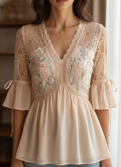 Elegant Floral Embroidered Lace Blouse - Chic V-Neck Design