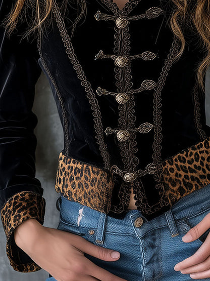 Vintage Baroque Leopard Print Trim Black Velvet Military Blazer