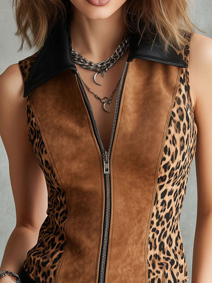 Rock-Chic Eco Leather Collar Leopard Print Microsuede Zip-Up Vest