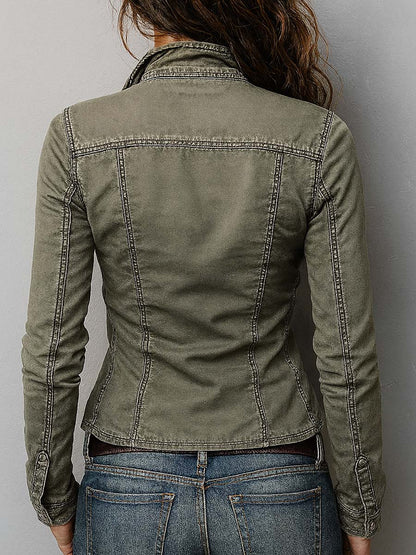 Slim Fit Western Utility Washed Green Zip-Up Top