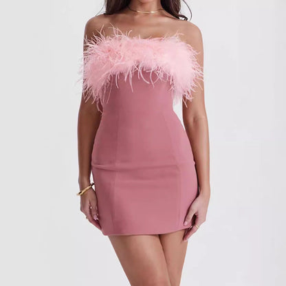 Women's off-shoulder evening dress feather socialite dresses