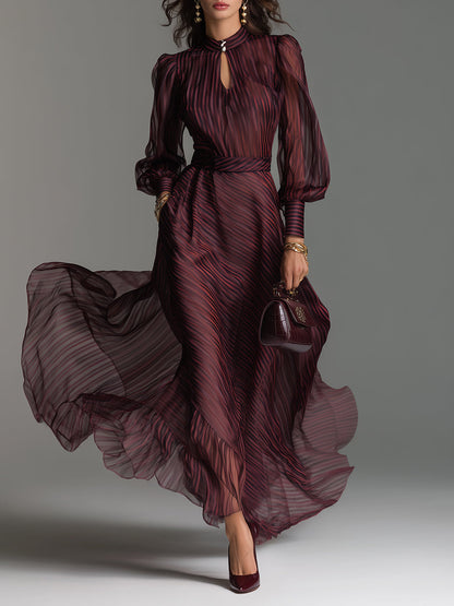 Retro Striped Keyhole Collar Organza Maxi Dress