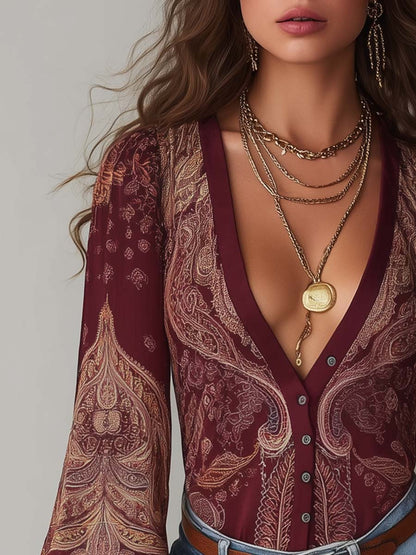 Vintage V-neck Ruffle Cuffs Paisley Blouse