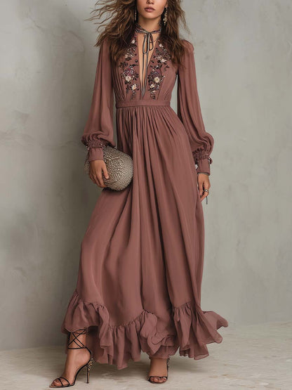 Embroidered Bohemian Chiffon Maxi Dress