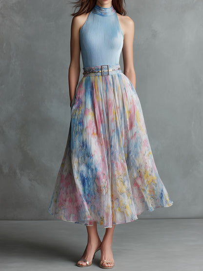 Elegant Sky Blue Halter Pleated Midi Dress With Watercolor Skirt