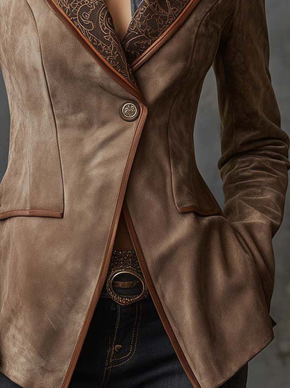 Vintage Taupe Suede Blazer With Printed Lapel