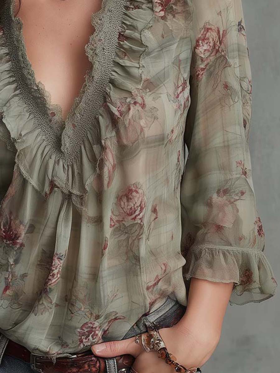 Vintage Floral Ruffle-Lace Chiffon Blouse