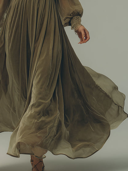 Retro Lantern Sleeve Embroidered Chiffon Maxi Dress