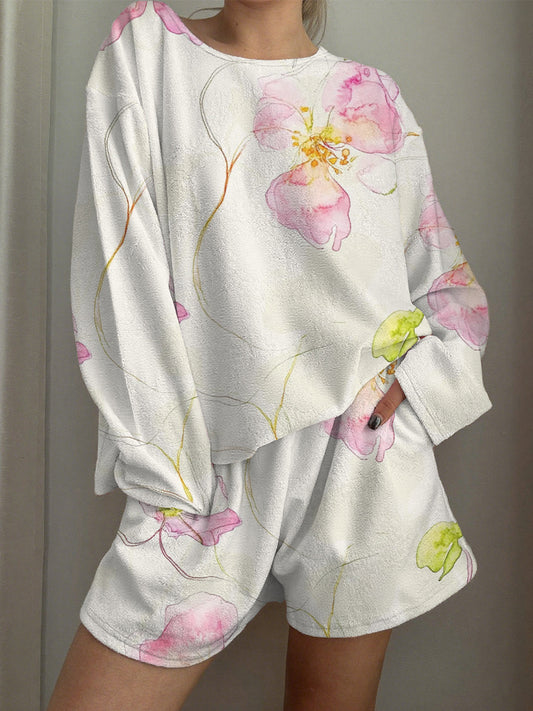Watercolor Floral Printed Long-Sleeved Shorts Loungewear Set