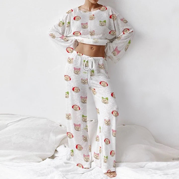 Women's Long Cat Print Sleeve Cotton Homewear Set