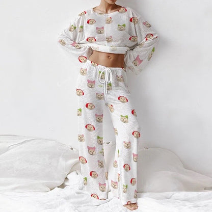 Women's Long Cat Print Sleeve Cotton Homewear Set