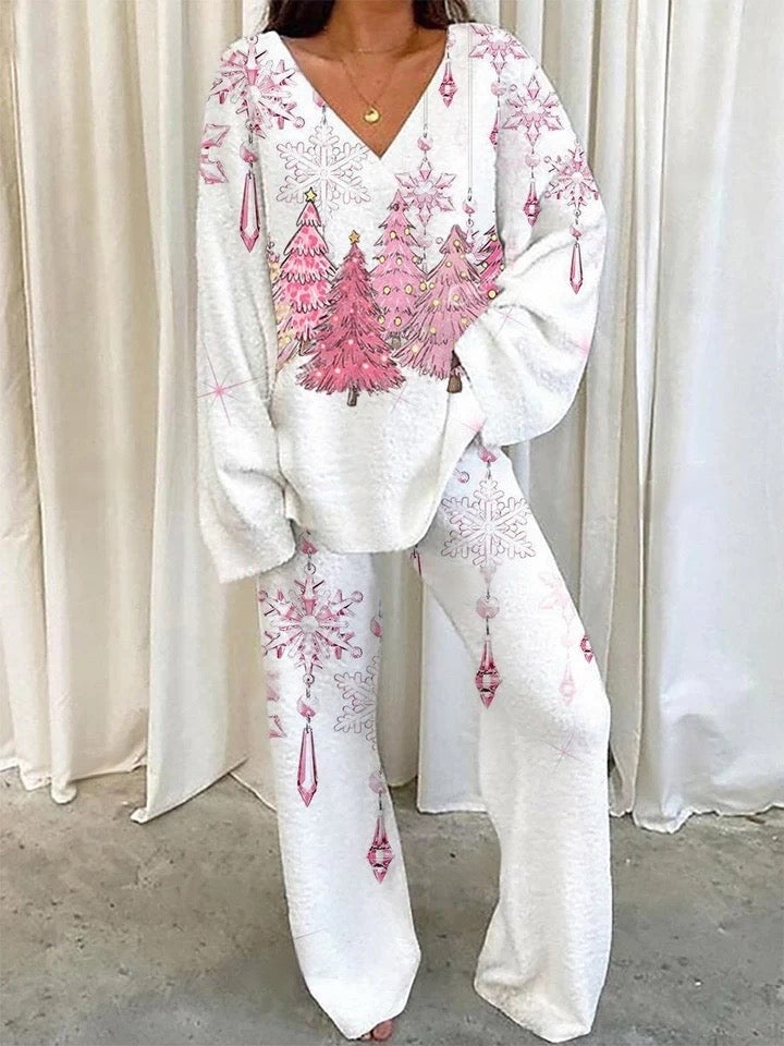 Women's Pink Glitter Christmas Tree and Crystal Snowflake Cozy Rocker Pajama Set