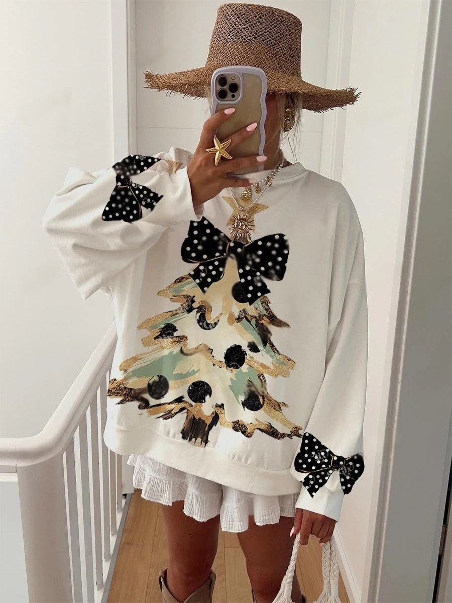 Women's Vintage Gold Dust Black Polka Dot Bow and Christmas Tree Fun Print Sweatshirt