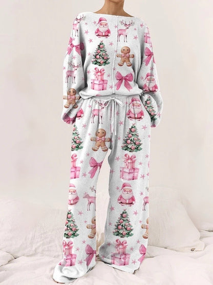 Women's Pink Christmas Print Long Sleeve Lounge Set