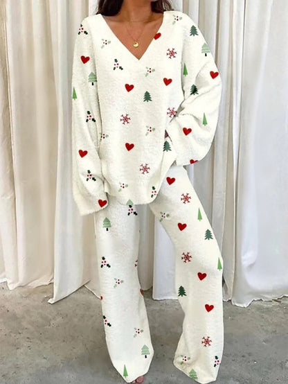 Women's Christmas Heart Print Home V Neck Long Sleeve Suit