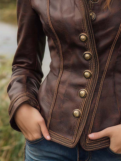 Vintage Fitted Brown Leather Blazer With Contrast Stitching