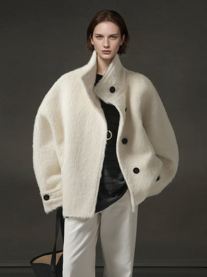 Alpaca Wool Biker Jacket for Women – Stand Collar Suoli Alpaca Coat with Luxe Textured Finish, Winter Chic Outerwear