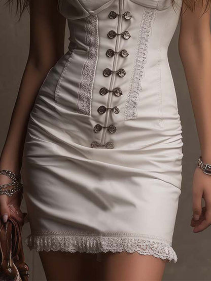 Ivory Cloud Lace-Trim Corset Mini Dress