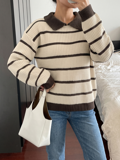 Striped Polo Collar Knit Sweater