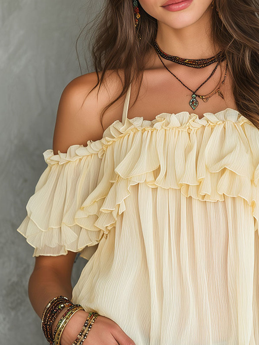 Boho Soft Yellow Cold-Shoulder Ruffled Chiffon Blouse