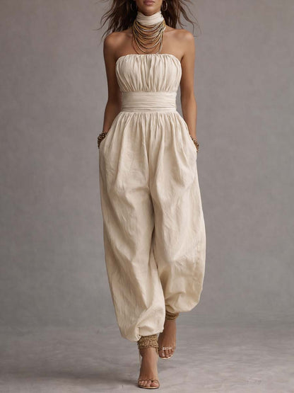 Bohemian Cotton Strapless Balloon-Leg Jumpsuit