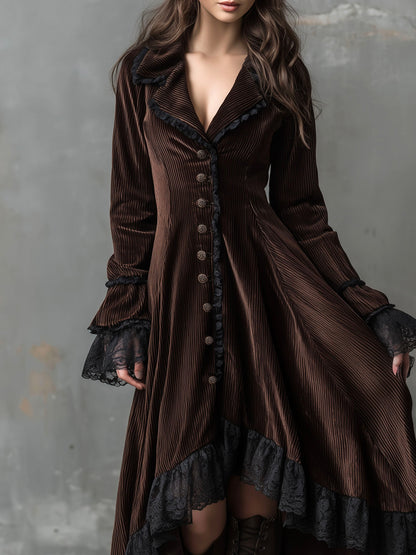 Vintage Velvet Gothic High-Low Maxi Dress With Lace Trim And Button Front