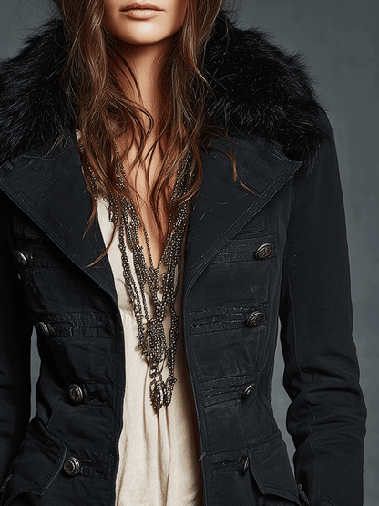 Vintage Black Double-Breasted Faux Fur Collar Jacket