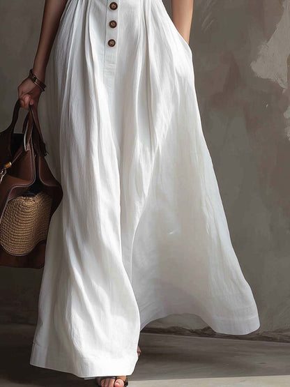 Vintage Pleated Waist Cotton Linen Maxi Dress