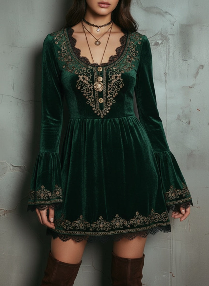 Emerald Velvet Embroidered Mini Dress