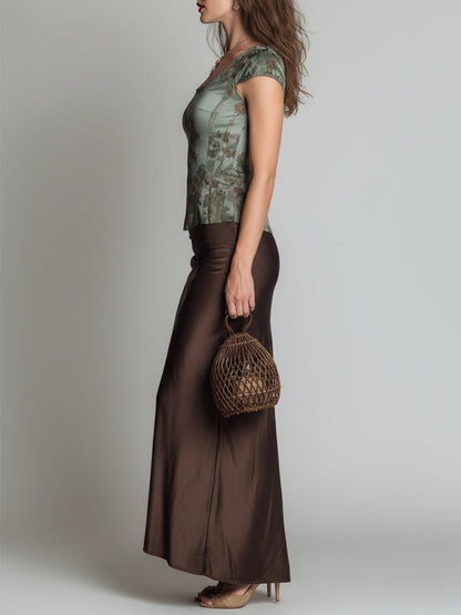 Retro-Print Short-Sleeve T-Shirt & Satin Skirt Set
