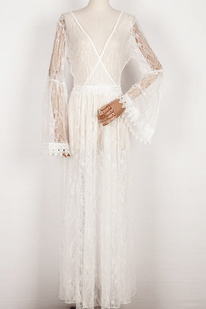 Bohemian Lace Sheer Bell Sleeve Tiered Maxi Wedding Dress