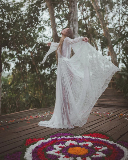 Bohemian Lace Sheer Bell Sleeve Tiered Maxi Wedding Dress