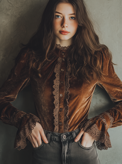 Vintage Lace Cuffs Poly Velvet Blouse