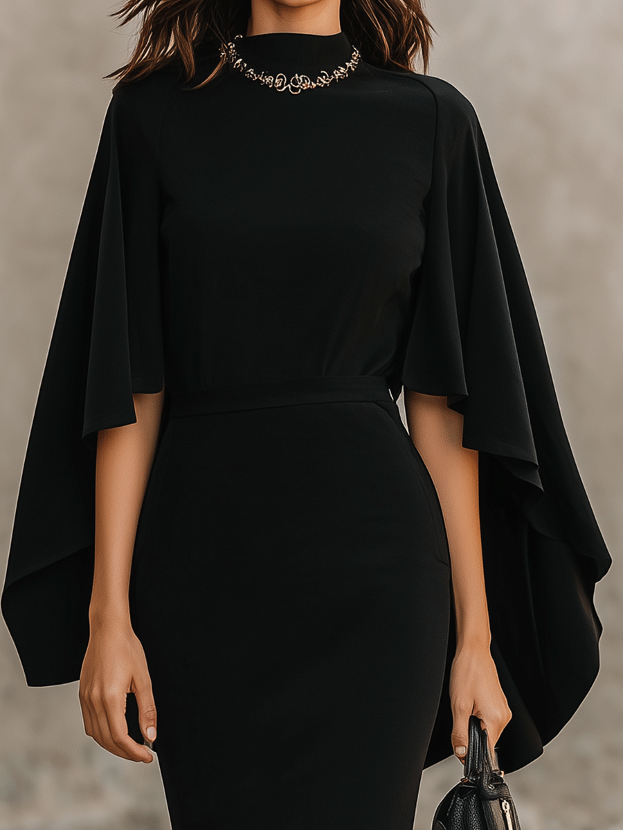 Elegant Black Cape Sleeve Midi Dress