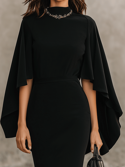 Elegant Black Cape Sleeve Midi Dress