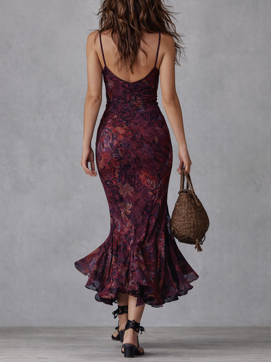 Elegant Leopard Print Fishtail Strappy Midi Dress