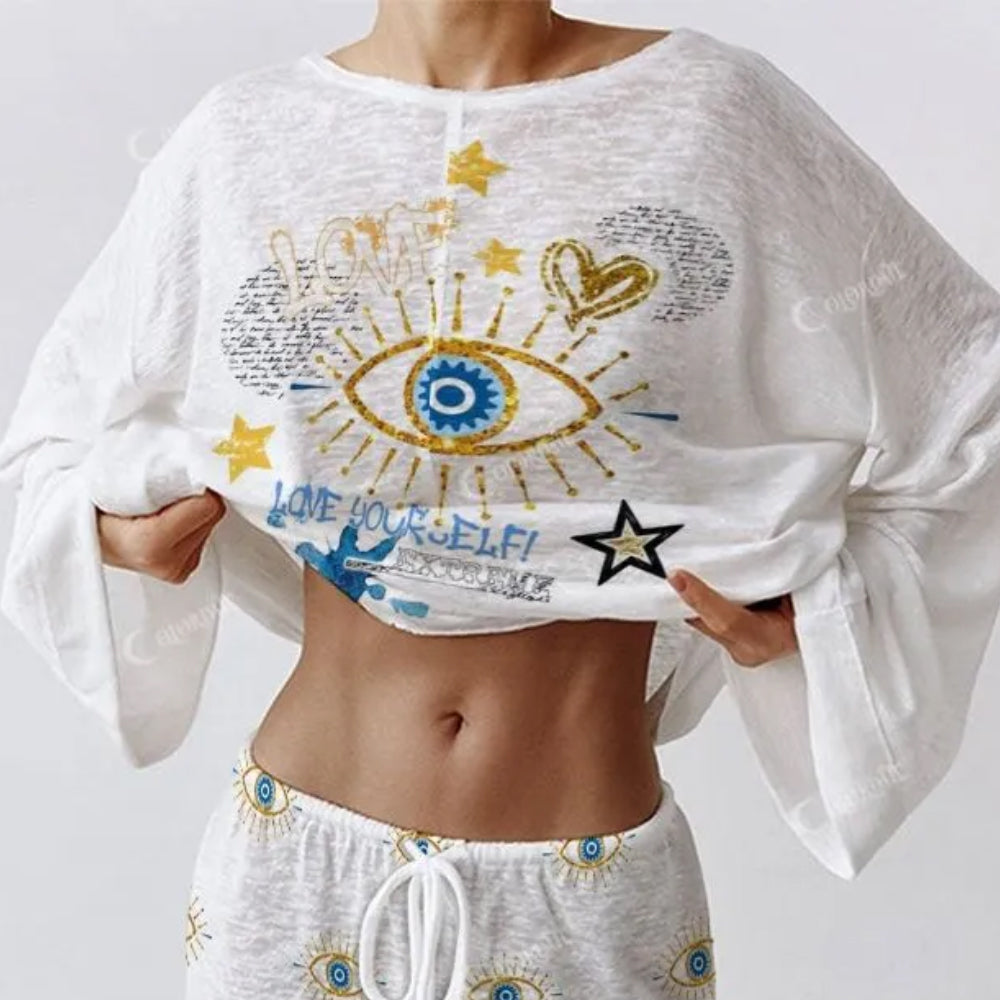 Colordate Women's Stars And Blue Eyes Long Sleeve Cotton Homewear Set