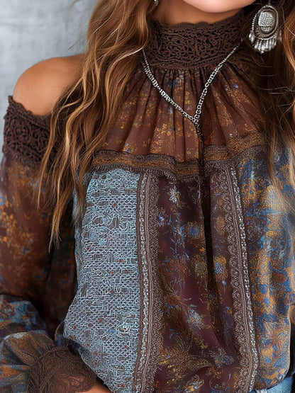 Boho Vintage Cold-Shoulder Sheer Floral Lace Patchwork Blouse