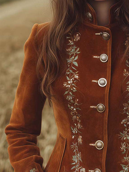Vintage Microsuede Floral Embroidery Distressed Button Slim-Fit Jacket